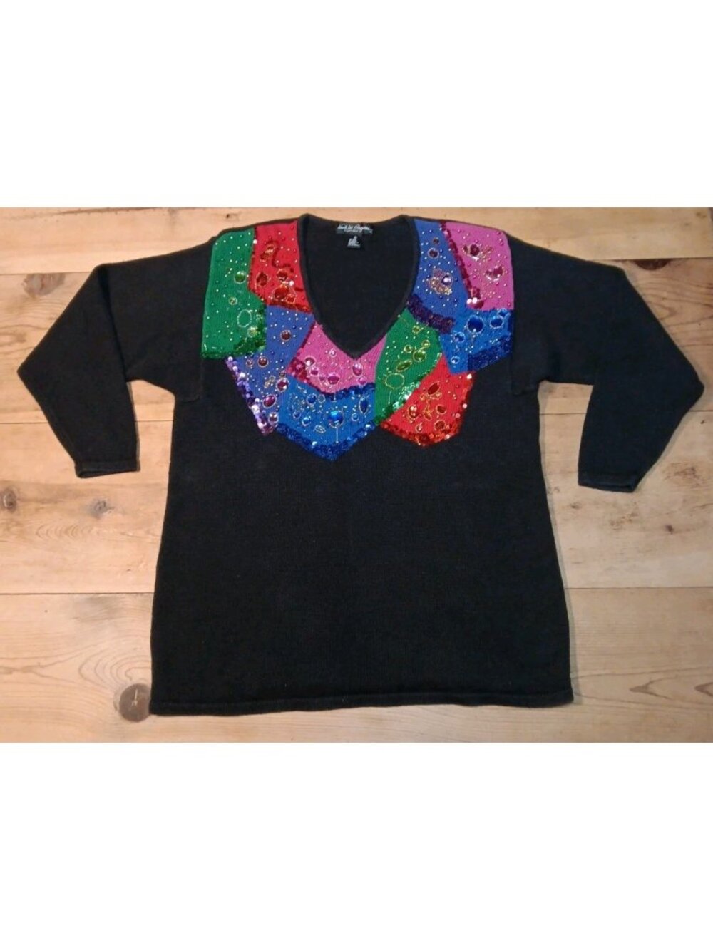 Work In Progress Gladys Bagley Women Plus 3X Sweater Jeweled Bead Sequin Black